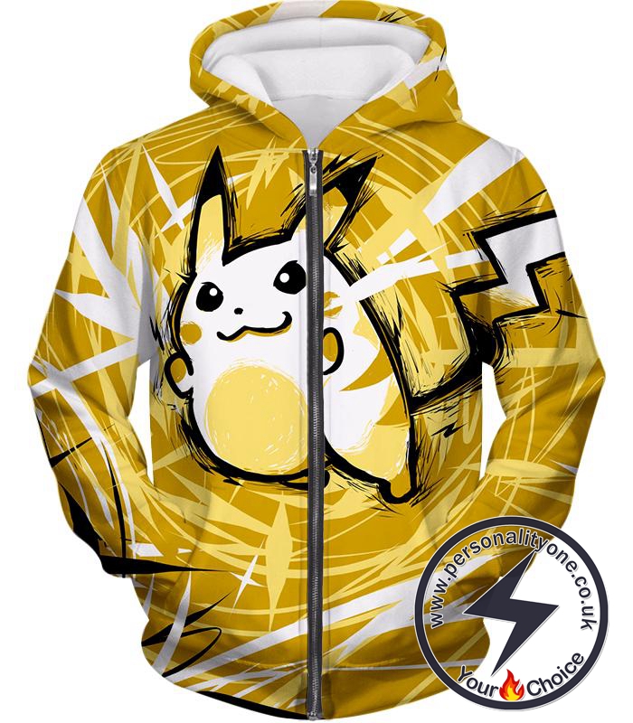 Pokemon Powerful Thunder Pokemon Raichu Cool Action Yellow Zip Up Hoodie